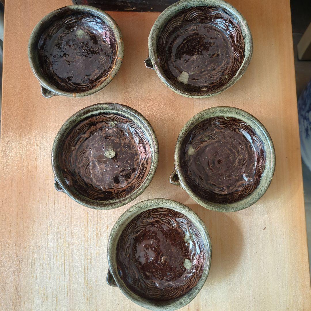 骨董　向付　三っ脚　片口　皿　器　波紋様　木箱　金継ぎ　懐石膳　5つ