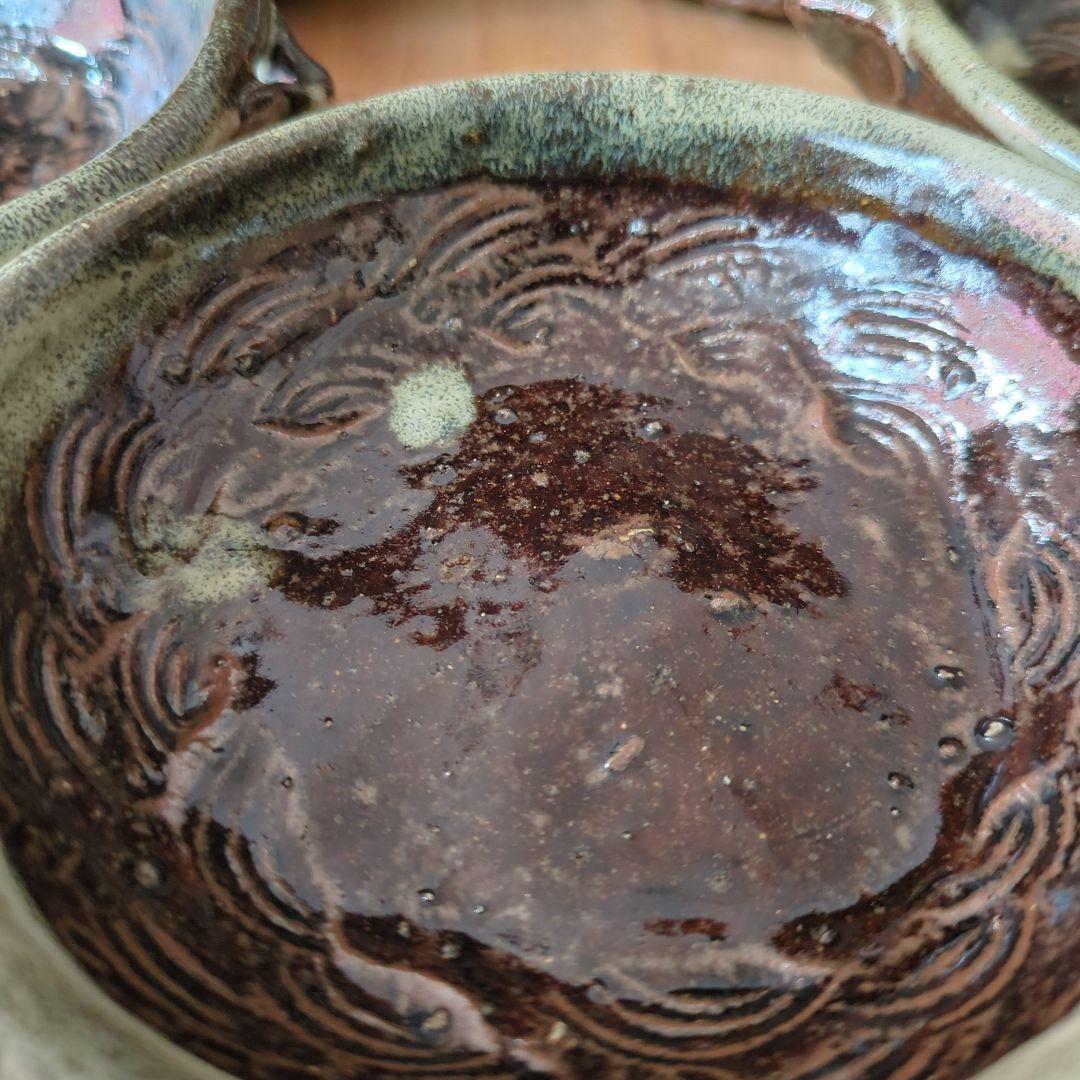 骨董　向付　三っ脚　片口　皿　器　波紋様　木箱　金継ぎ　懐石膳　5つ