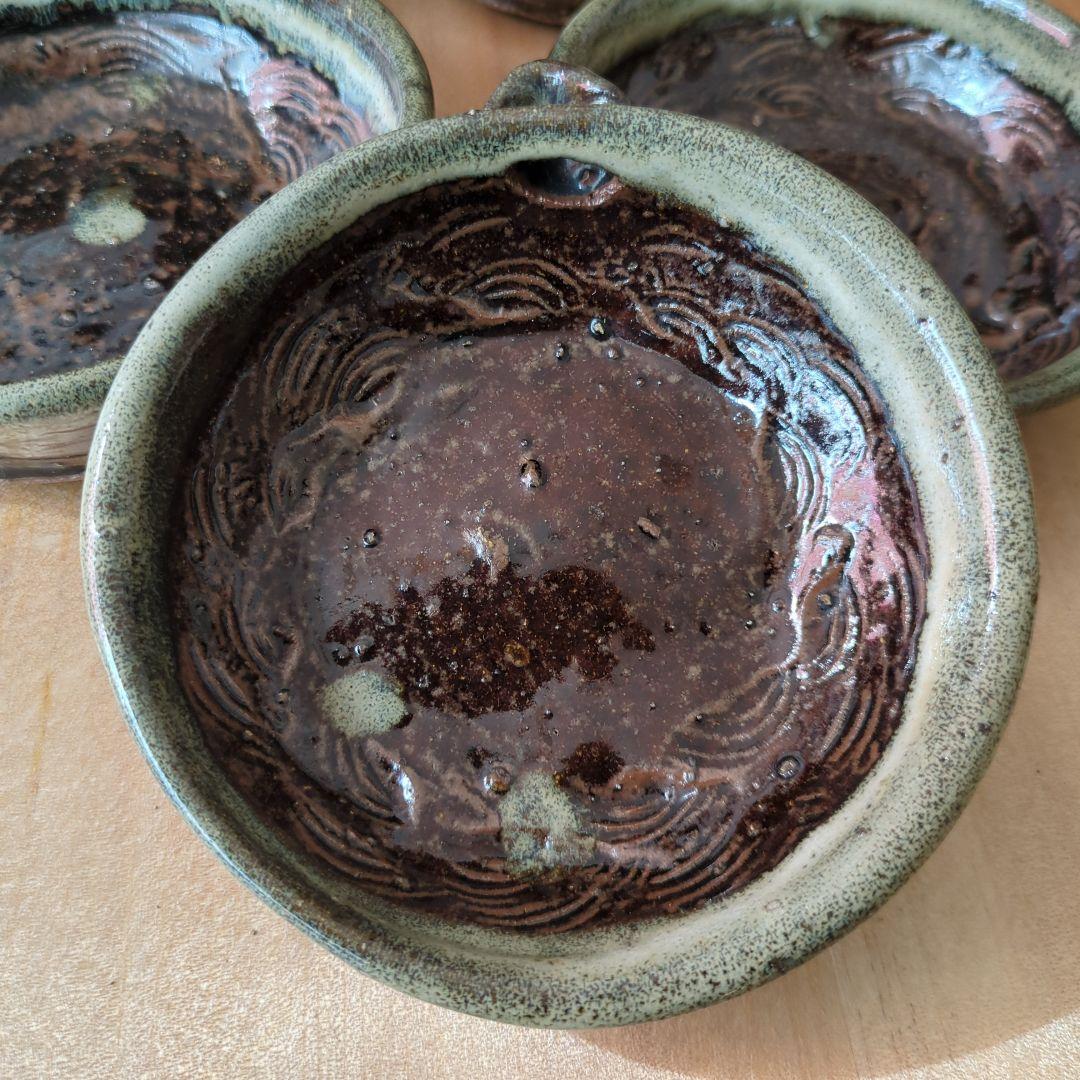 骨董　向付　三っ脚　片口　皿　器　波紋様　木箱　金継ぎ　懐石膳　5つ