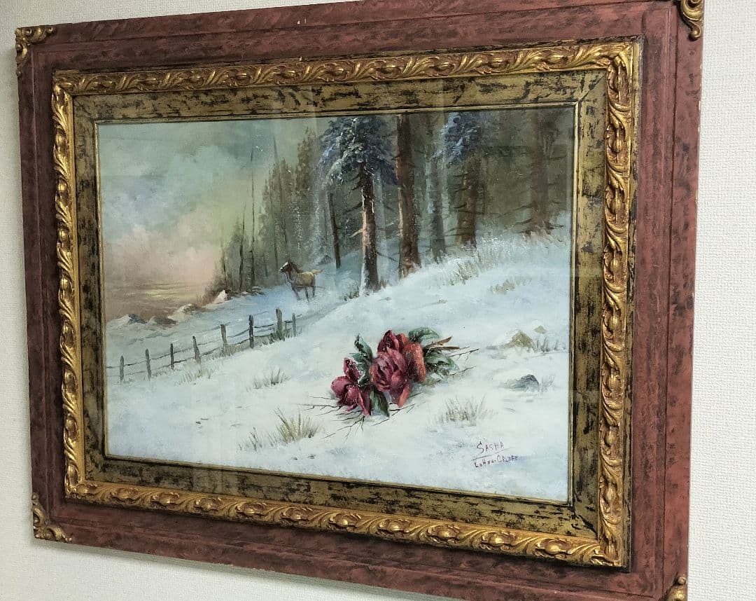 ◇馬と薔薇 肉筆油絵 大型