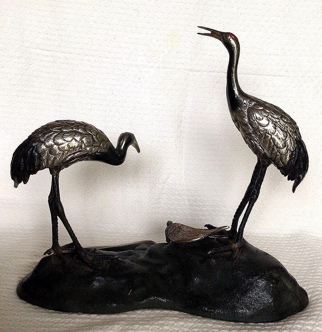 [美品]鶴亀置物　骨董品　縁起物　岩上に鶴亀　古銅色分け青銅　美術工芸品高岡銅器