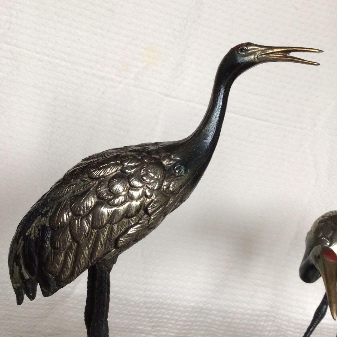 [美品]鶴亀置物　骨董品　縁起物　岩上に鶴亀　古銅色分け青銅　美術工芸品高岡銅器