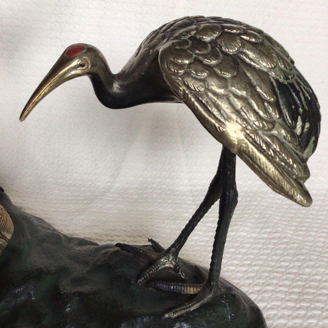 [美品]鶴亀置物　骨董品　縁起物　岩上に鶴亀　古銅色分け青銅　美術工芸品高岡銅器