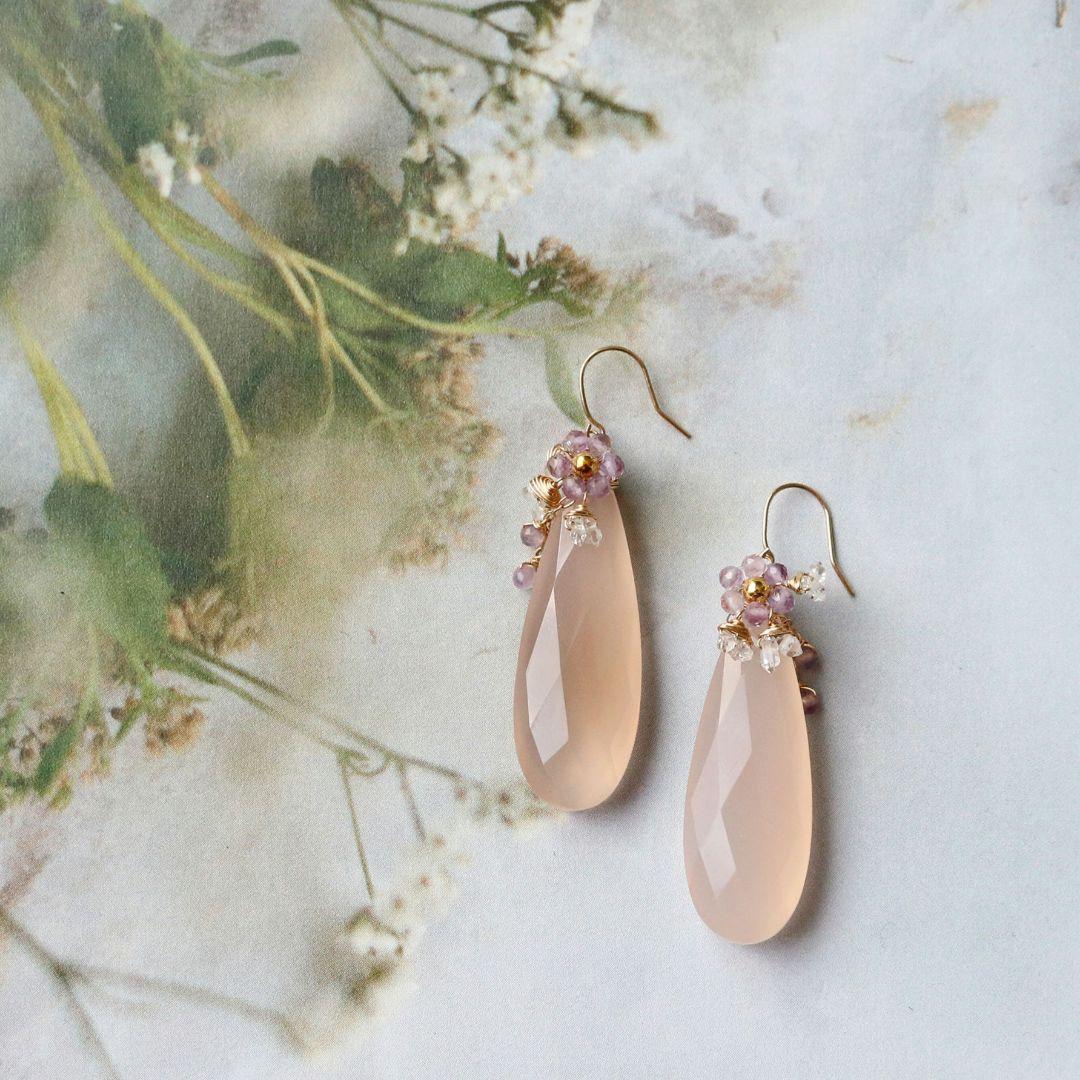 K10YG ピンクカルセドニー アメジスト パッキマーダイヤモンド ピアス