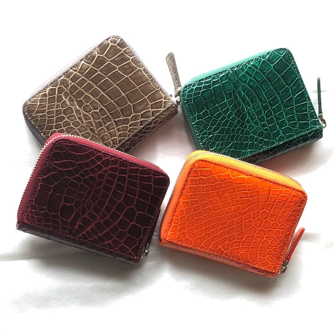 新品　クロコダイル　本革　ミニウォレット　ワイン