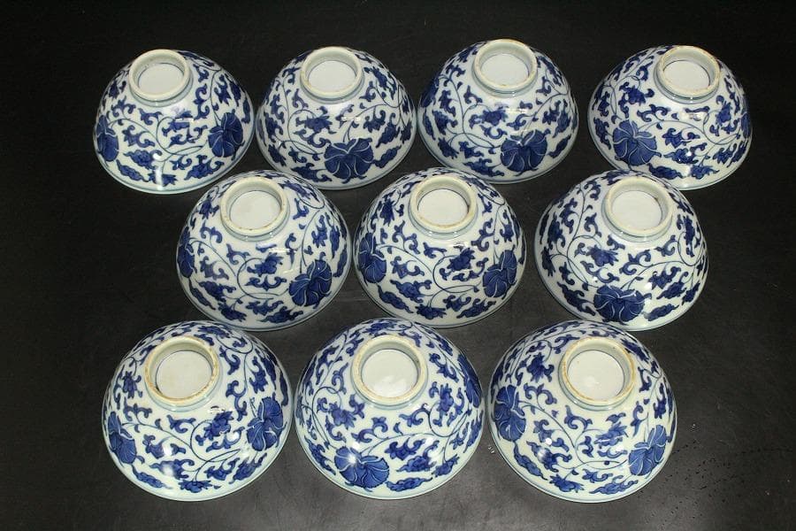 青花 纏枝蓮花紋 碗 十客 時代物(A743)