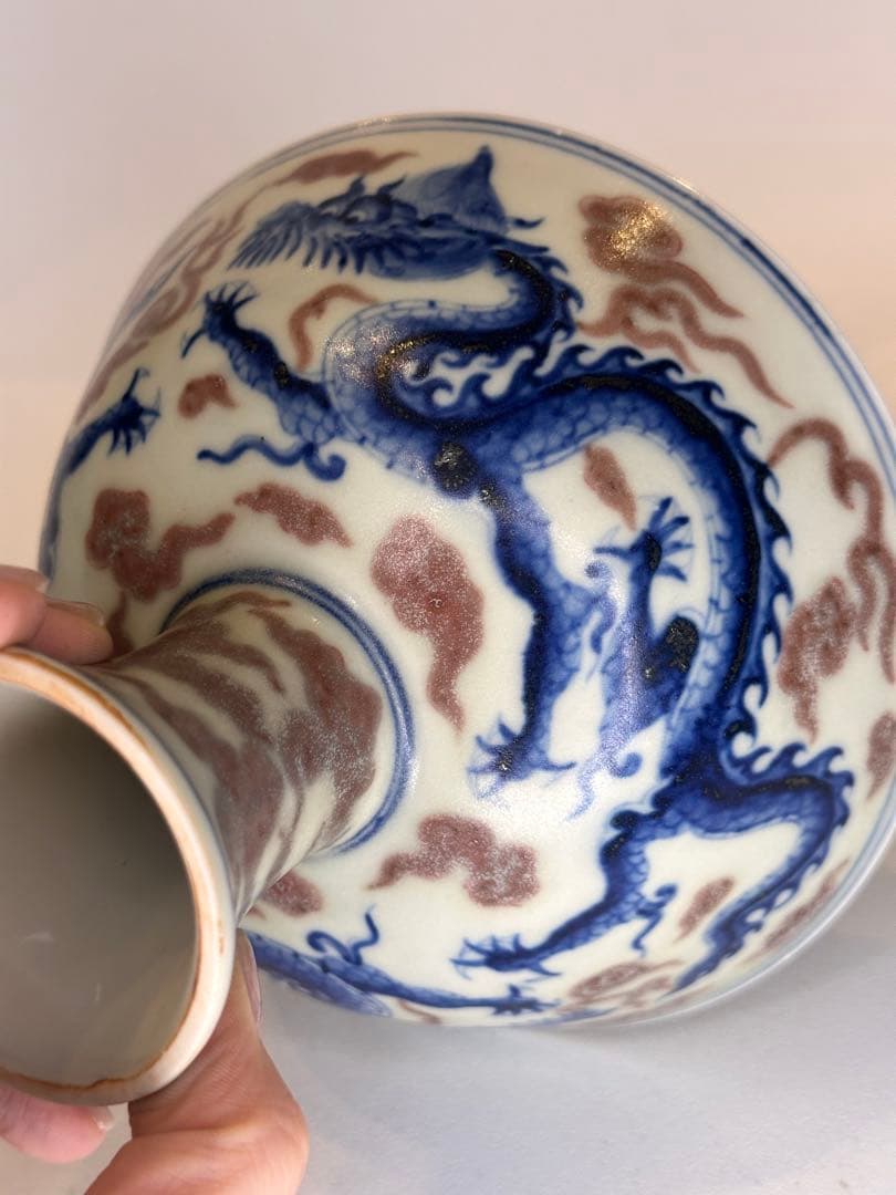 大明宣徳年製底款 高台高杯 青花染付 二龍戯珠文 瑞雲文 果子器 古董品 古陶磁