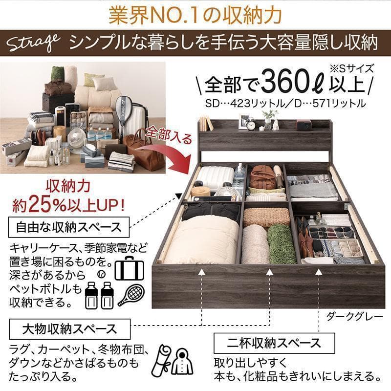 【mm】ダブルベッド 収納 棚 2口コンセント マットレス付W
