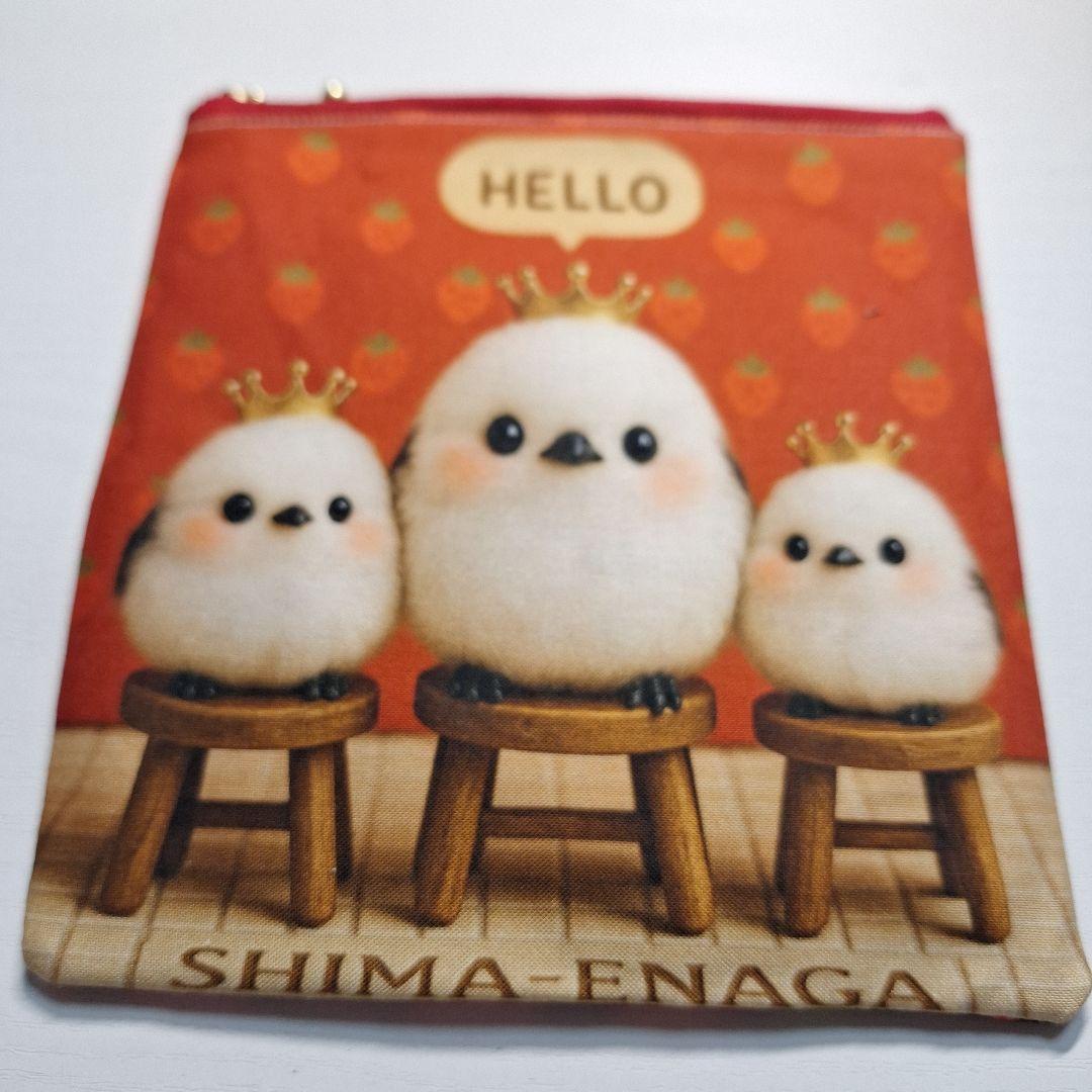 インコ、シマエナガ、オカメインコパネル生地　ハンドメイド　フラットポーチ