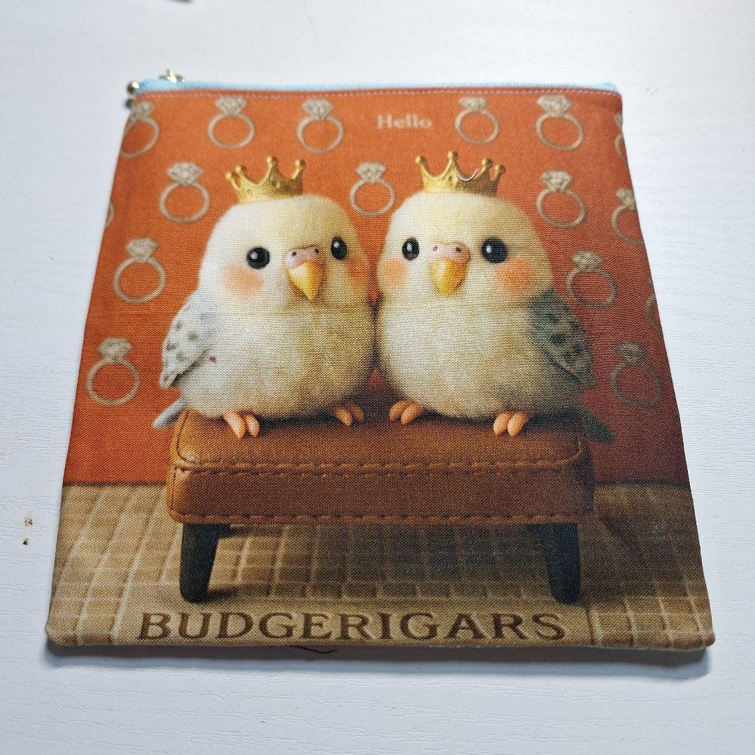 インコ、シマエナガ、オカメインコパネル生地　ハンドメイド　フラットポーチ