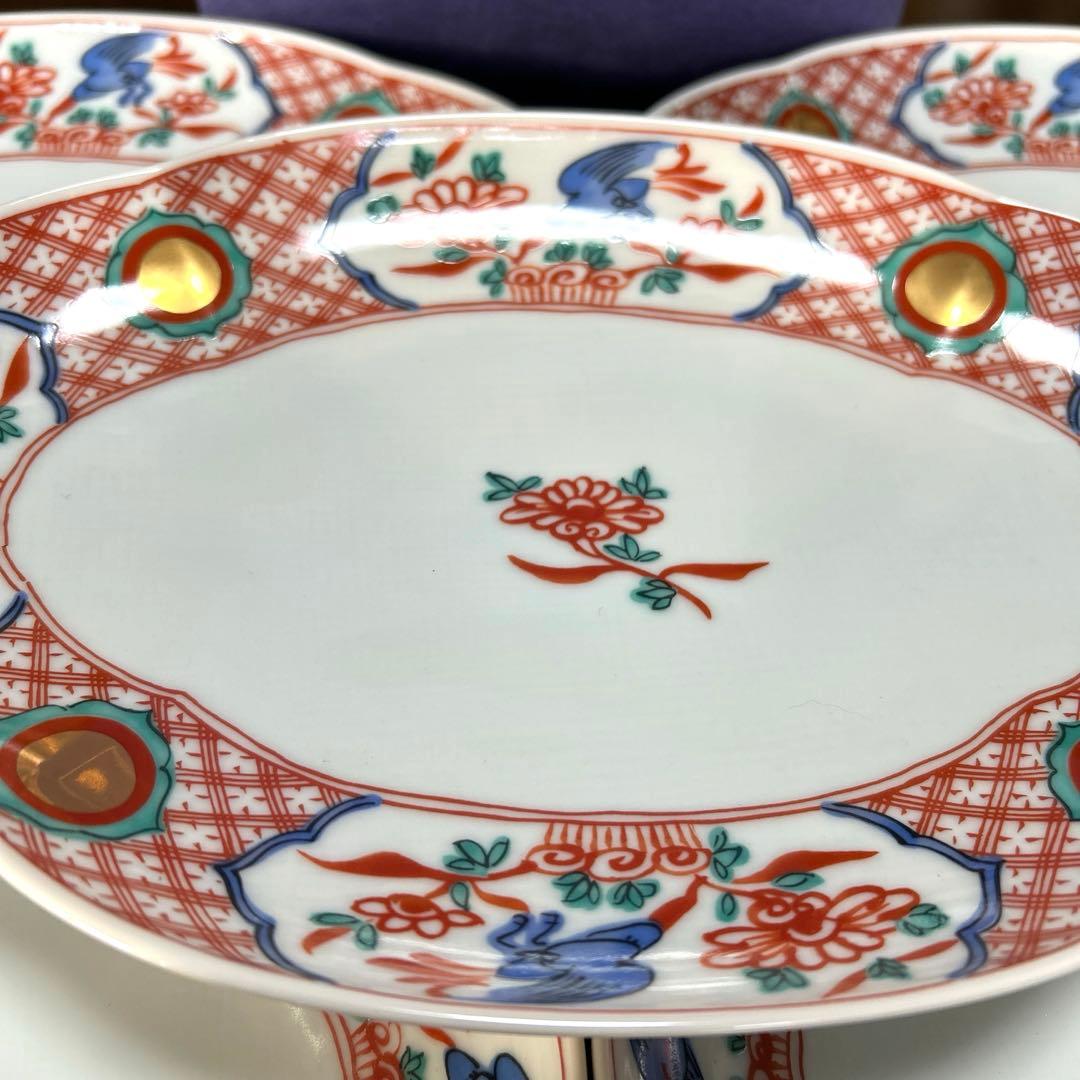 [未使用] 橘吉　赤絵　金彩　丸紋　花鳥　オーバル　楕円　中皿