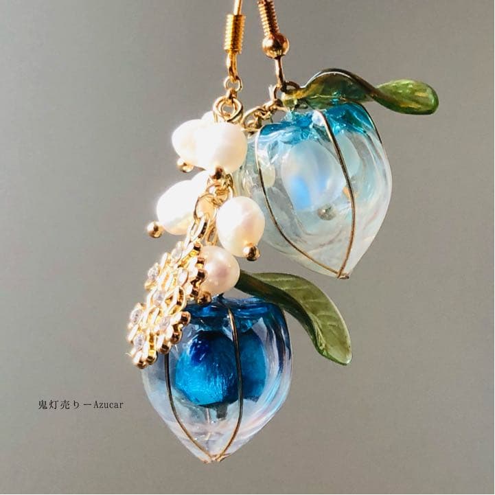 氷とオーロラ鬼灯の和風ピアス　イヤリング淡水パールと氷の結晶付き☆