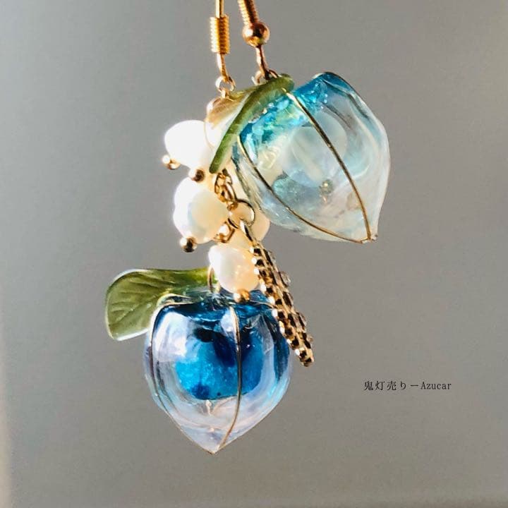氷とオーロラ鬼灯の和風ピアス　イヤリング淡水パールと氷の結晶付き☆