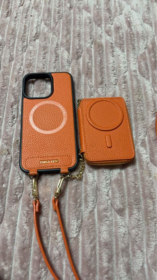 オレンジ レザー風 iPhoneケース カードポケット付き　iPhone16プロ