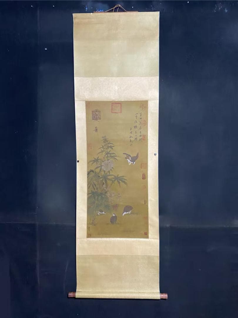 中国古美術『趙佶款 花鳥画』絹布 三尺中堂画 掛軸 表装済 旧蔵 文房置物 模写