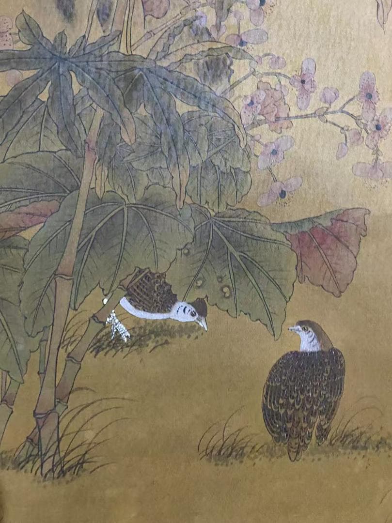 中国古美術『趙佶款 花鳥画』絹布 三尺中堂画 掛軸 表装済 旧蔵 文房置物 模写