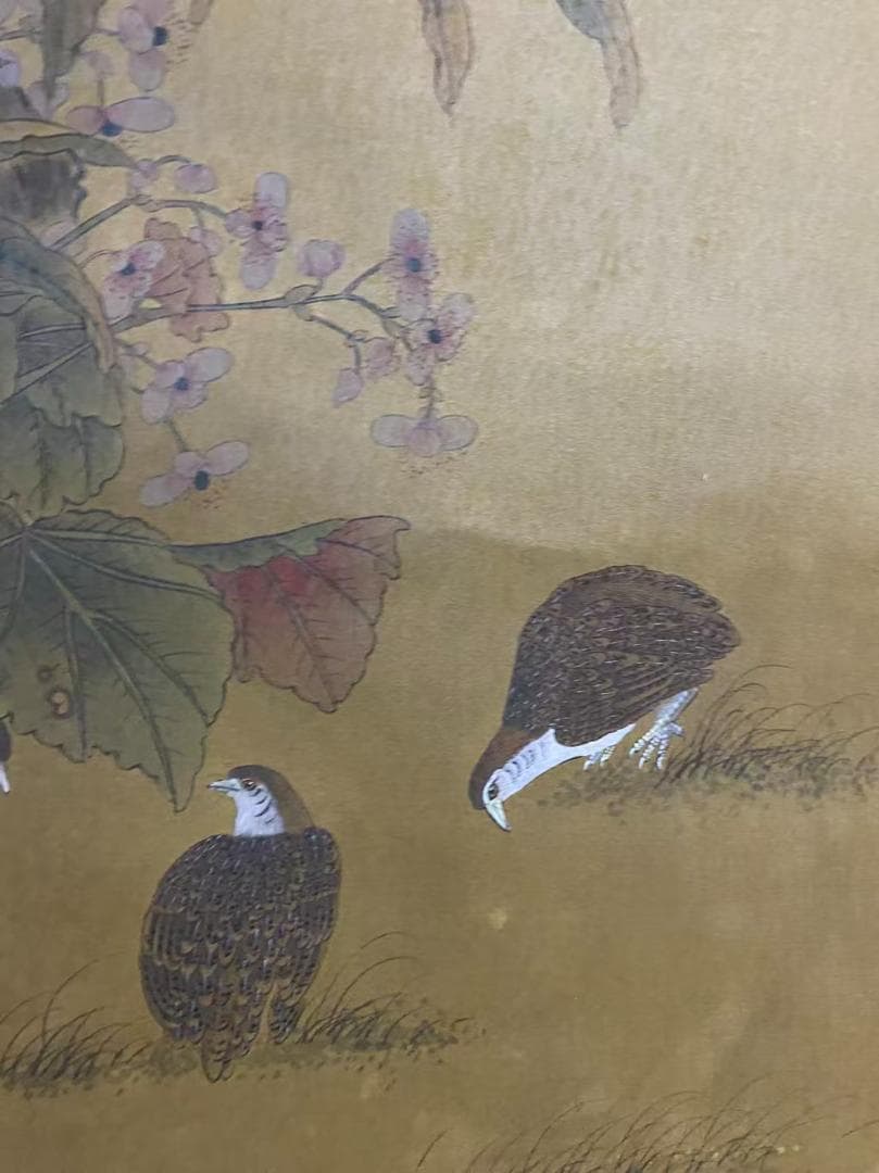 中国古美術『趙佶款 花鳥画』絹布 三尺中堂画 掛軸 表装済 旧蔵 文房置物 模写