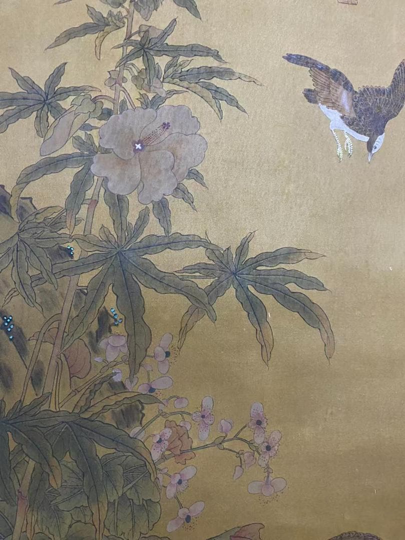 中国古美術『趙佶款 花鳥画』絹布 三尺中堂画 掛軸 表装済 旧蔵 文房置物 模写