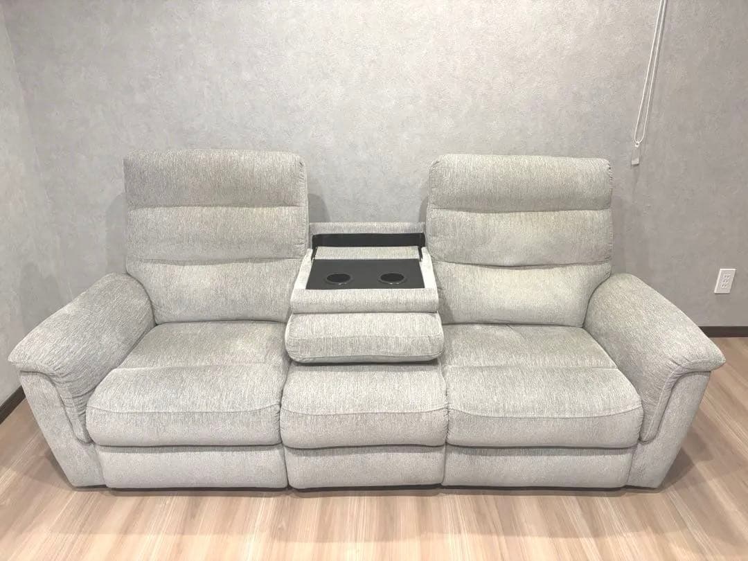 電動ソファー ３人掛け リクライニング ポケットコイル 布 テーブル付き