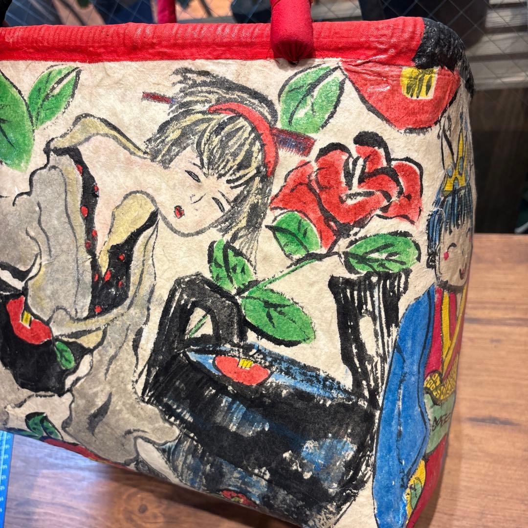 トートバッグ　和紙　昭和レトロ　風神雷神　妖怪　カゴバッグ