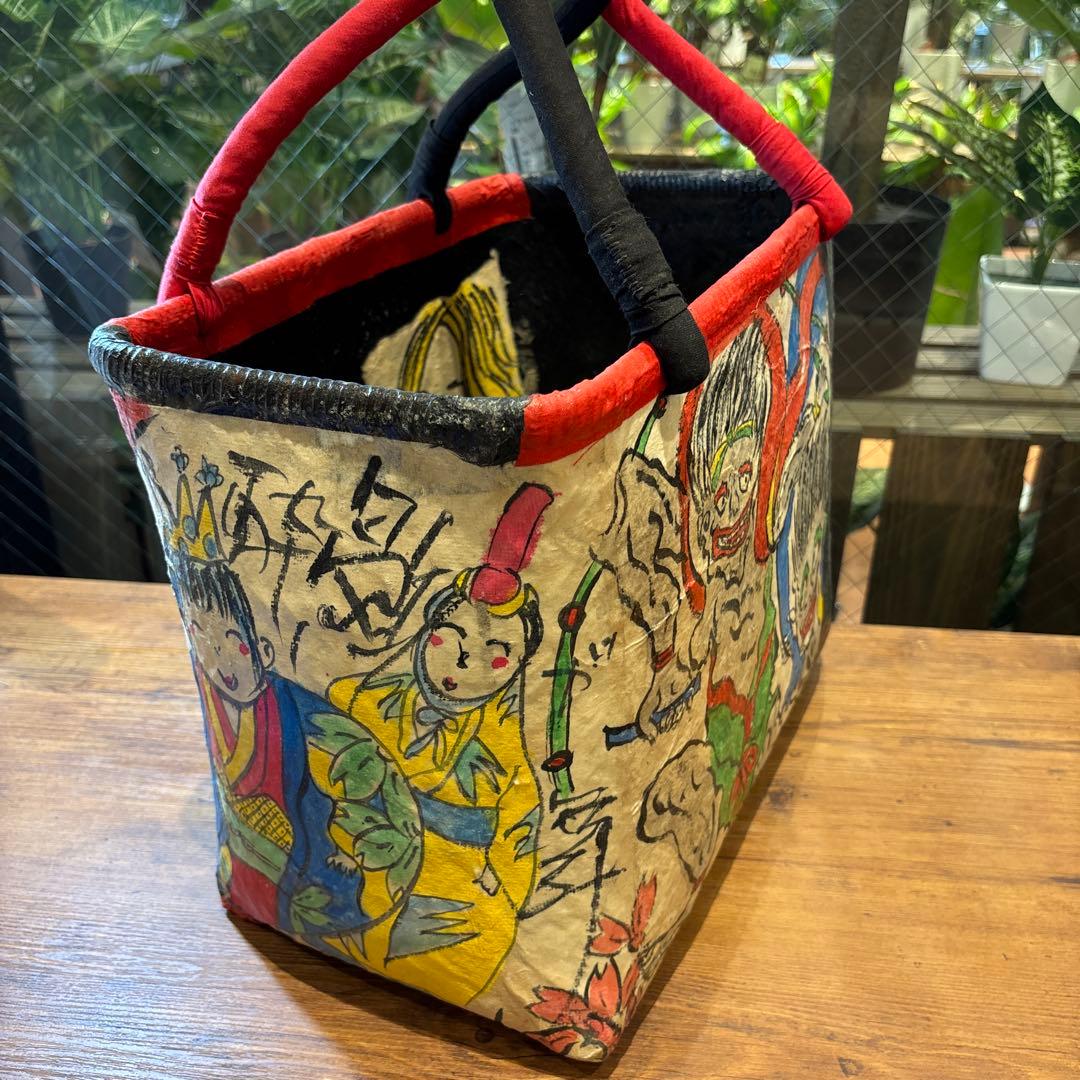 トートバッグ　和紙　昭和レトロ　風神雷神　妖怪　カゴバッグ