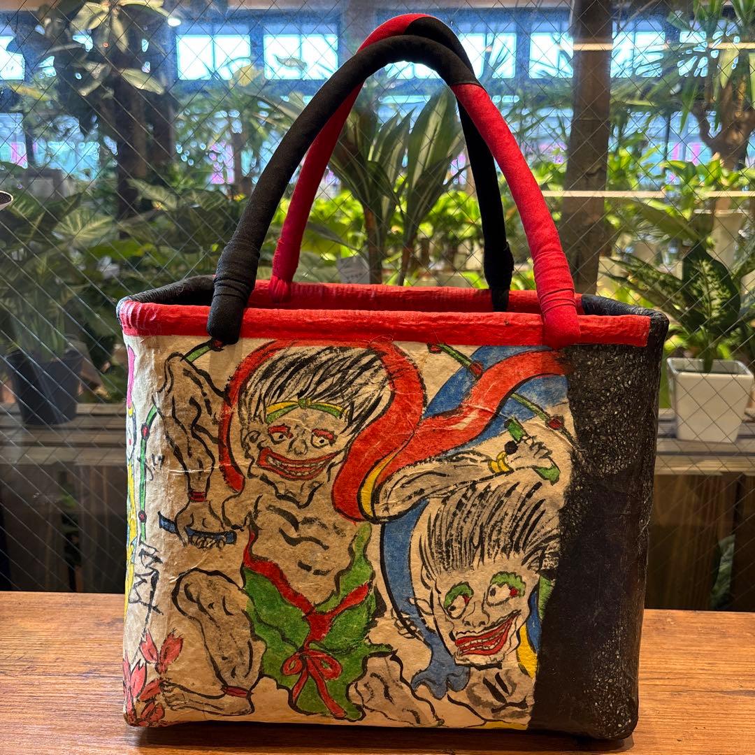 トートバッグ　和紙　昭和レトロ　風神雷神　妖怪　カゴバッグ