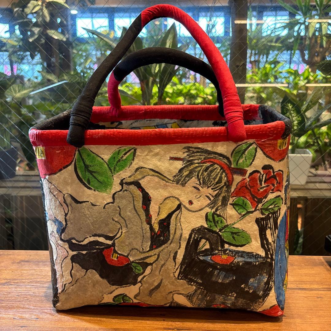 トートバッグ　和紙　昭和レトロ　風神雷神　妖怪　カゴバッグ