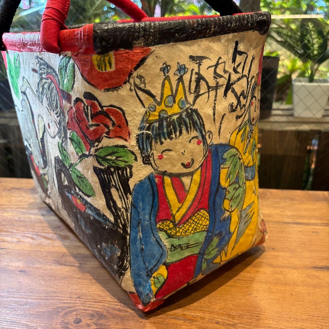 トートバッグ　和紙　昭和レトロ　風神雷神　妖怪　カゴバッグ