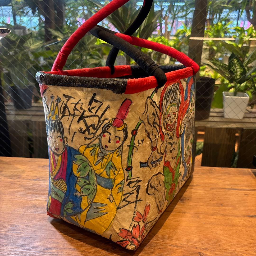 トートバッグ　和紙　昭和レトロ　風神雷神　妖怪　カゴバッグ