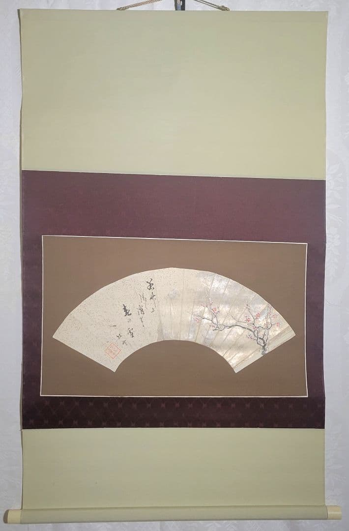 紅梅の図　俳画　扇面　紅雪銘　掛け軸　合わせ箱　画賛　書画、骨董品、美術品