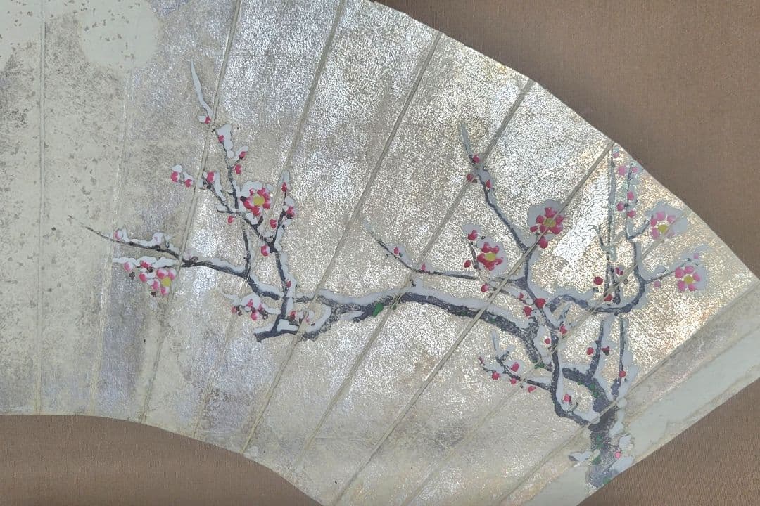 紅梅の図　俳画　扇面　紅雪銘　掛け軸　合わせ箱　画賛　書画、骨董品、美術品