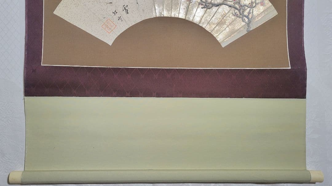 紅梅の図　俳画　扇面　紅雪銘　掛け軸　合わせ箱　画賛　書画、骨董品、美術品