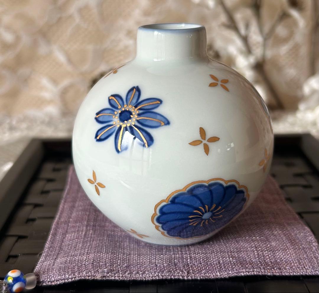 【美品】源右衛門窯　染金彩丸菊紋　花瓶　ミニ花瓶