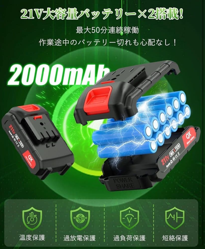 草刈り機 充電式 大容量21Vバッテリー2個付属 静音・低振動設計 軽量
