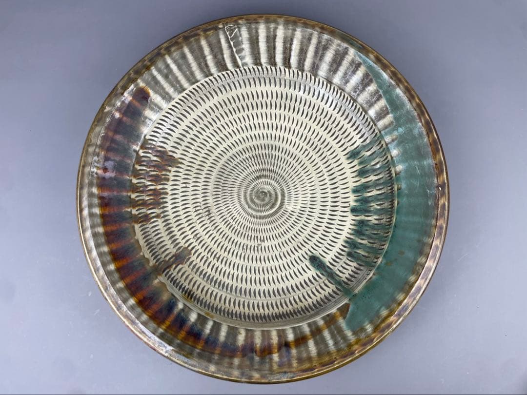 小石原焼 飛鉋 大皿 飾皿 直径約42cm 大型 飛び鉋 在銘 伝統工芸 小鹿田