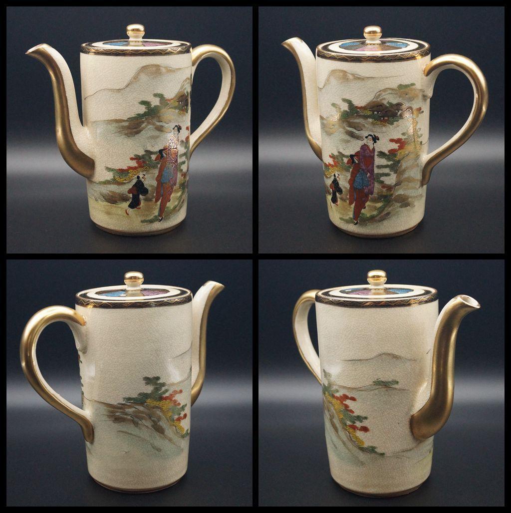 明治期 薩摩焼 志山造 丸十字家紋 人物山水図 コーヒー/紅茶ポット3点セット