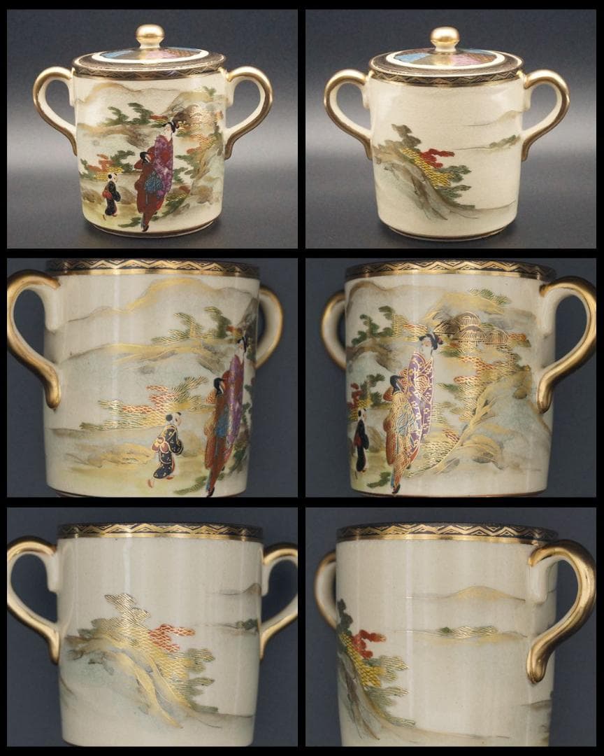 明治期 薩摩焼 志山造 丸十字家紋 人物山水図 コーヒー/紅茶ポット3点セット