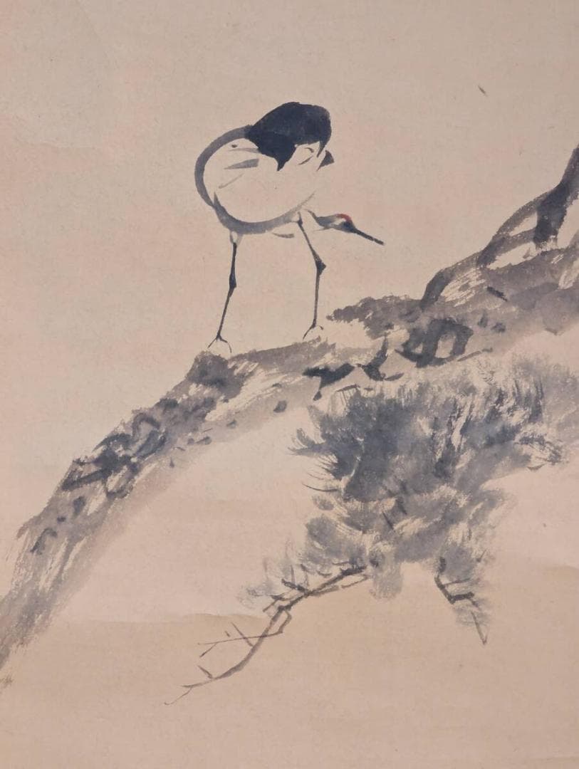 【真作】掛軸　竹内栖鳳　山鶴図　優雅に佇む鶴　静謐なる山鶴の姿　二重箱入　V39