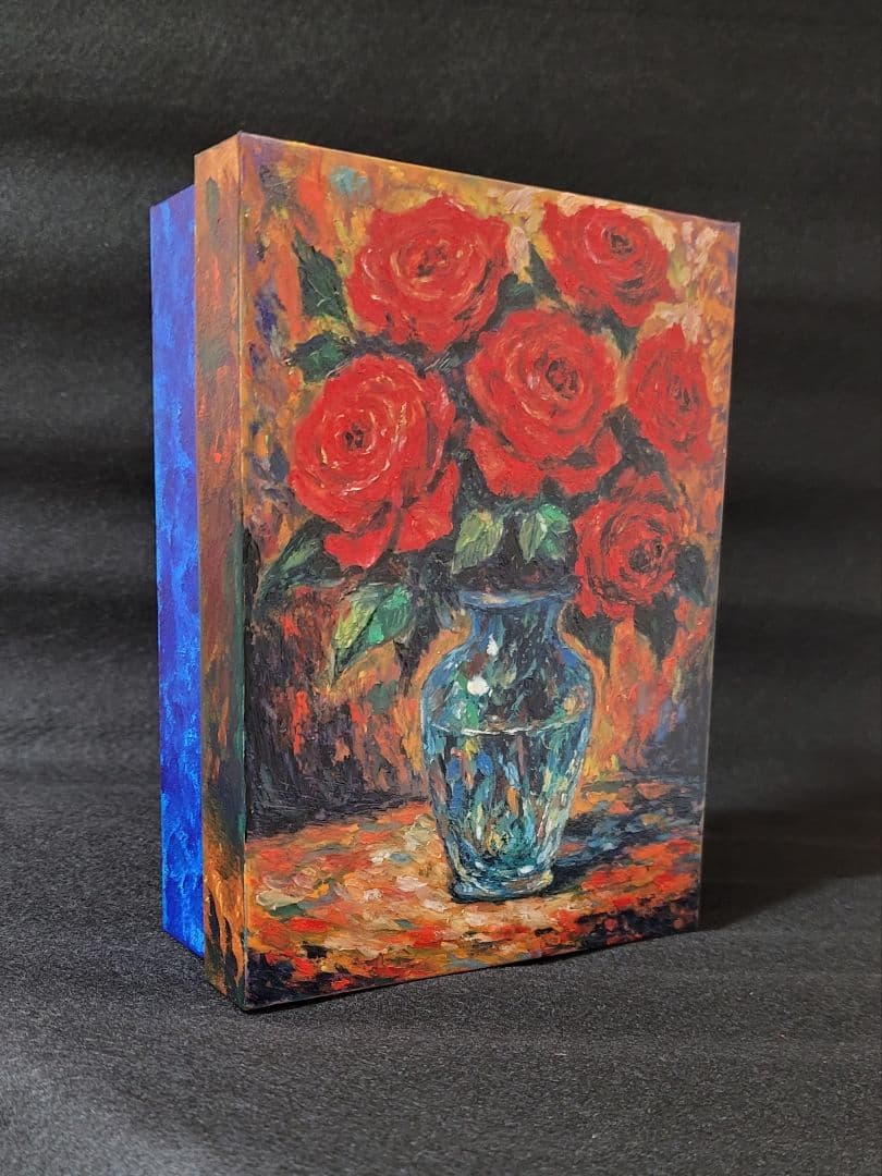 【原画一点物】オイルパステル画 きらめく青い花瓶の薔薇 スピリチュアル