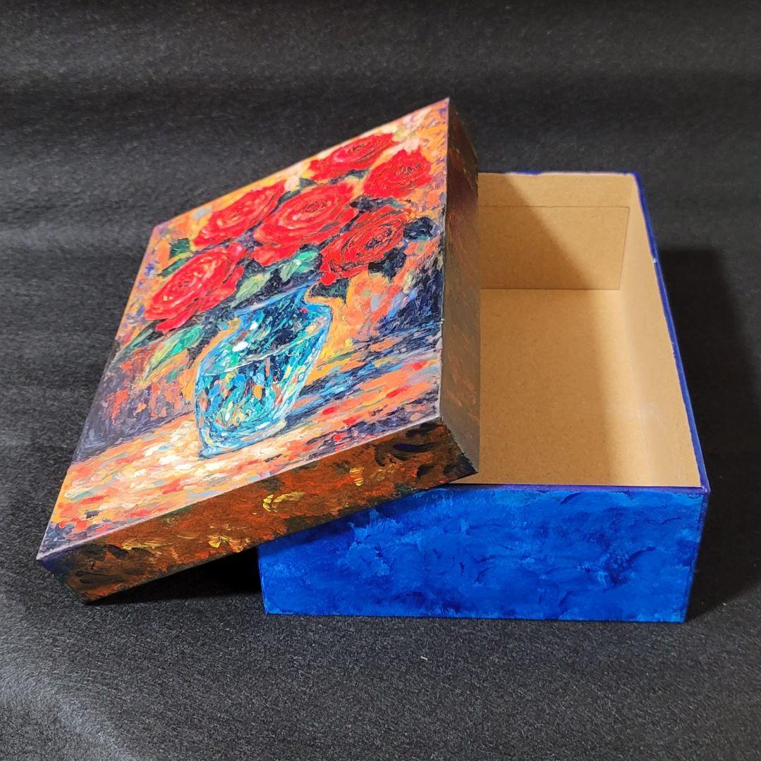 【原画一点物】オイルパステル画 きらめく青い花瓶の薔薇 スピリチュアル