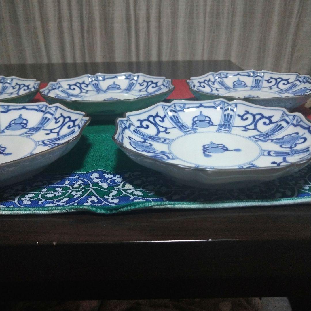 kurifu8008 九谷焼　中皿 5枚セット 染付 6寸 ひょうたん