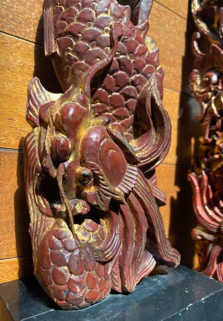 アンティーク　一点物・透かし彫り龍　ペア　マホガニーウェィト付３点セット　レア
