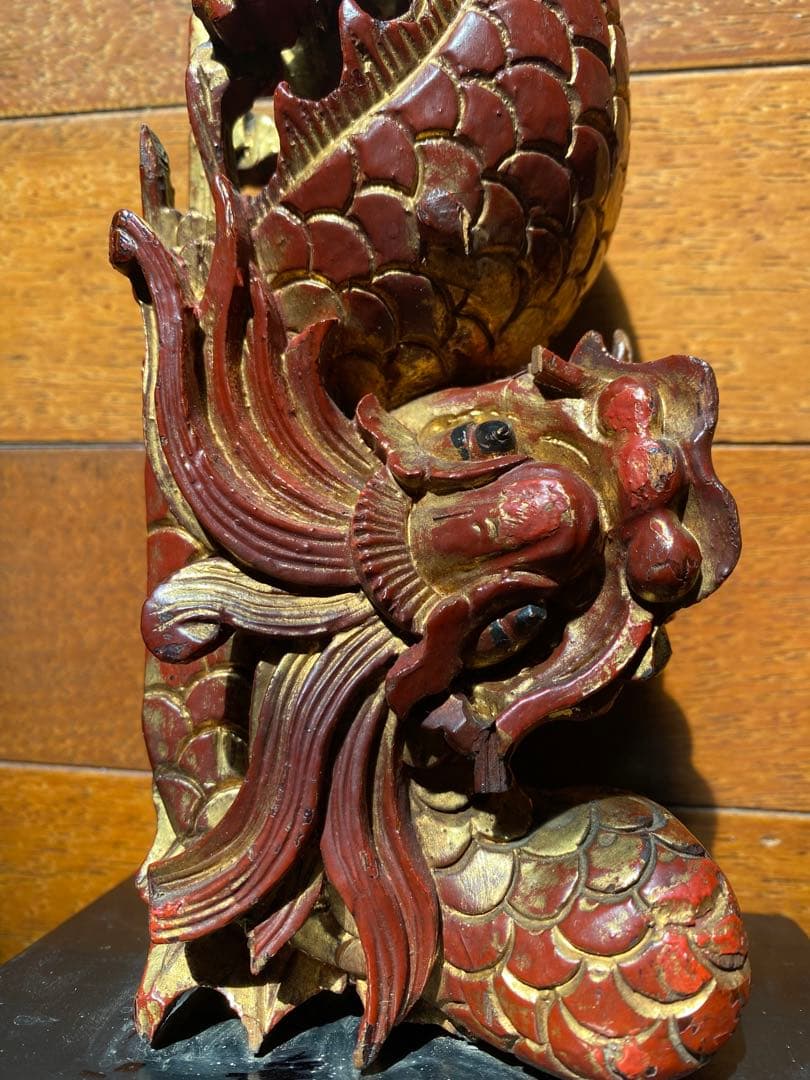 アンティーク　一点物・透かし彫り龍　ペア　マホガニーウェィト付３点セット　レア