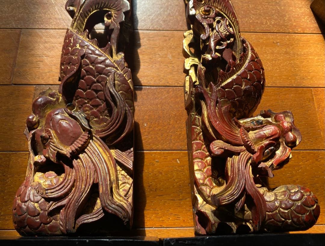 アンティーク　一点物・透かし彫り龍　ペア　マホガニーウェィト付３点セット　レア