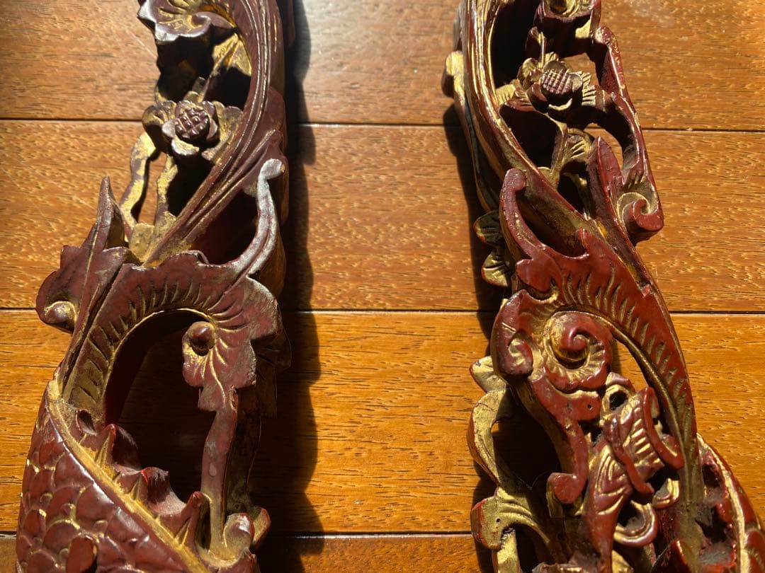 アンティーク　一点物・透かし彫り龍　ペア　マホガニーウェィト付３点セット　レア