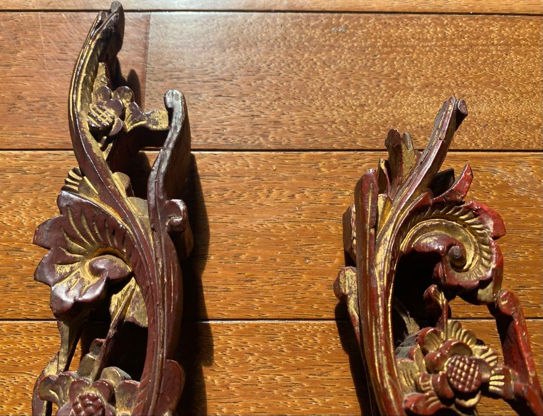 アンティーク　一点物・透かし彫り龍　ペア　マホガニーウェィト付３点セット　レア