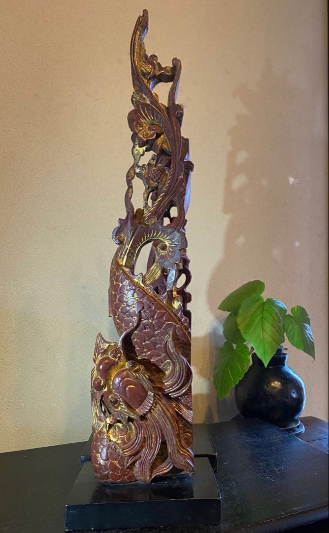 アンティーク　一点物・透かし彫り龍　ペア　マホガニーウェィト付３点セット　レア