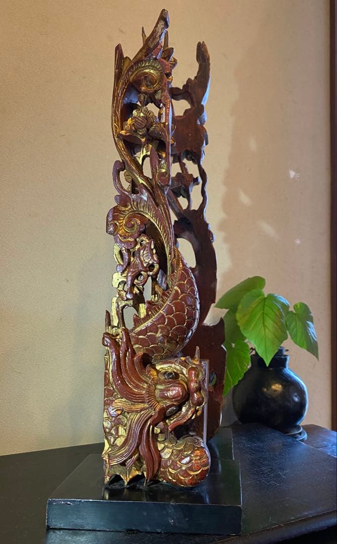 アンティーク　一点物・透かし彫り龍　ペア　マホガニーウェィト付３点セット　レア