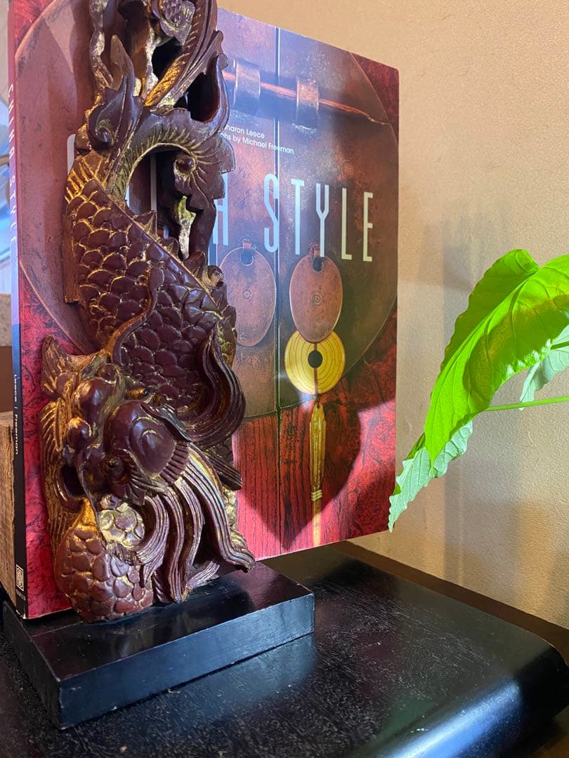 アンティーク　一点物・透かし彫り龍　ペア　マホガニーウェィト付３点セット　レア