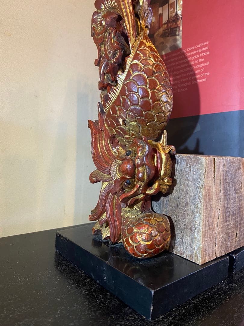 アンティーク　一点物・透かし彫り龍　ペア　マホガニーウェィト付３点セット　レア